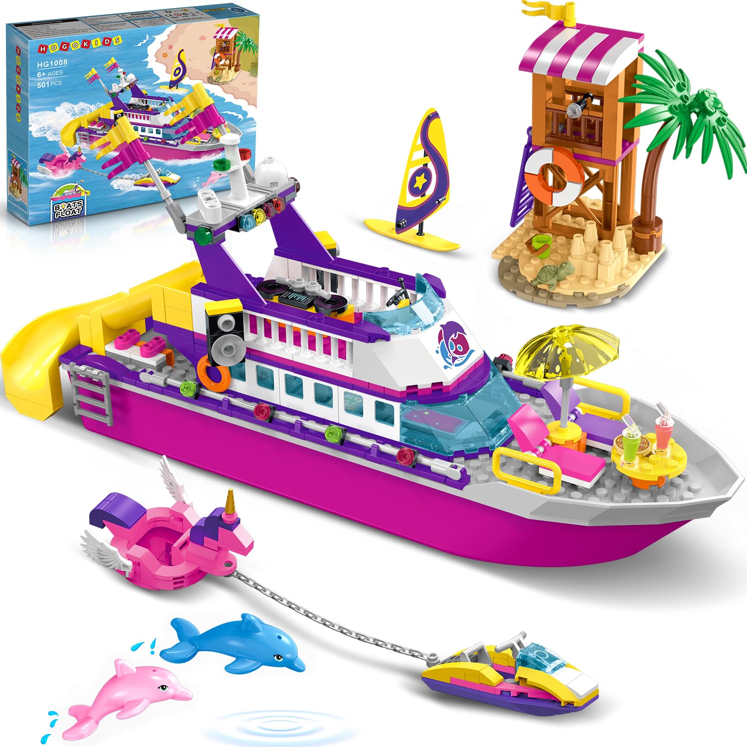 Hogokids Boat Building Set With Led Light - Floatable Cruise Ship Building Toys With Beach Water Scooter & Dolphins Watchtower Blocks Friends Playset Gifts For Kids Girls Boys Ages 6-12 Years(501 Pcs)