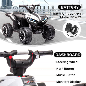 Hipicute Kids Ride On ATV - 12V Battery Powered 4 Wheeler with Remote Control, Music, Horn, LED Lights - White Electric Car for 3+ Years Old