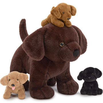 BENINY 4Pcs Lab Stuffed Animals - 16  Huggable Chocolate Mama Labrador Dog with 3 Hidden Puppies (Black/Yellow/Dark Brown) - Plush Toys Gifts for Kids