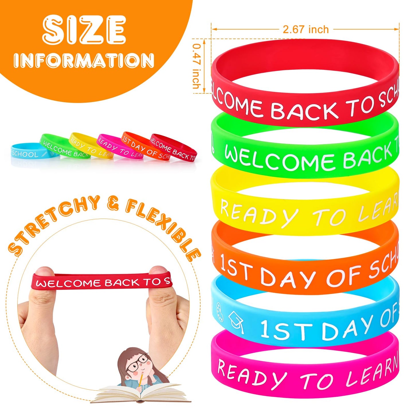 Welcome Back to School Rubber Bracelets 30 PCS First Day of School Bracelet Gifts Silicone Wristbands for Students Kids Party Fa
