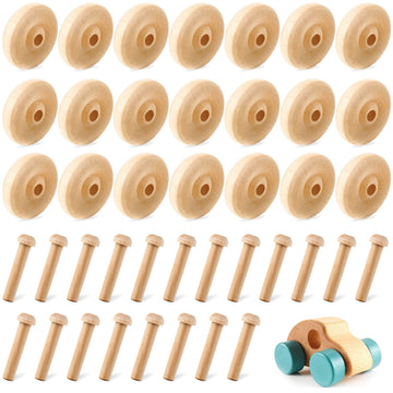 36 Pack Wooden Wheels Toys Wooden Wheels for Crafts Toys Wooden Craft Wheels Wooden Mini Wheels with Axle Pegs for Crafts DIY To