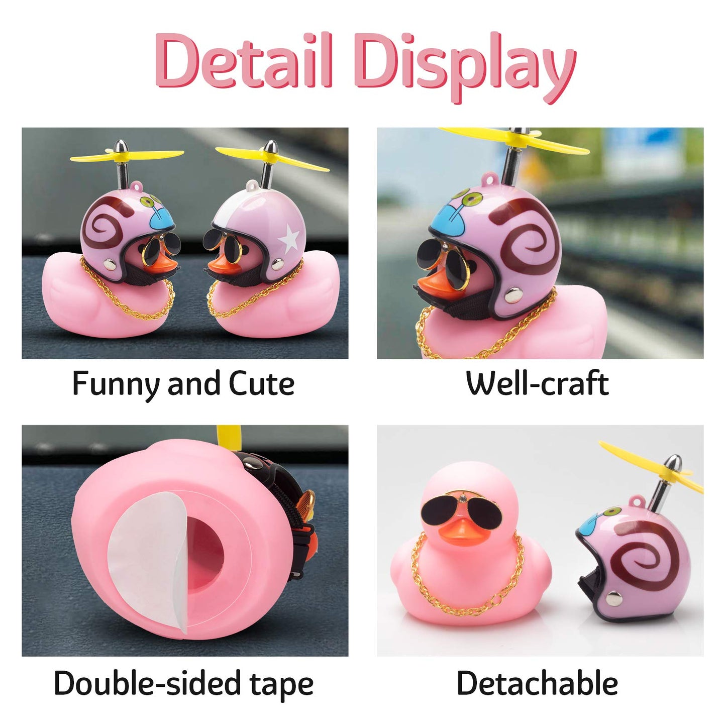 Wonuu Pink Duck Car Dashboard Decorations Rubber Duck Car Ornaments Cool Duck With Propeller Helmet Sunglasses Gold Chain (Snail)