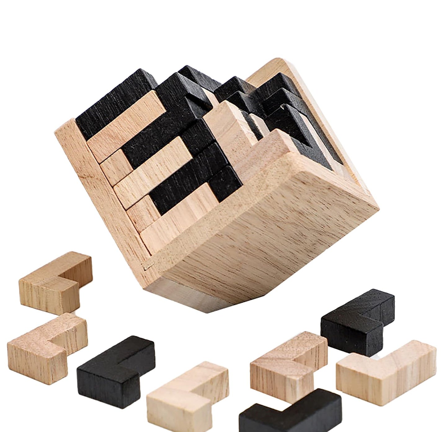 Wooden Brain Teaser Puzzle Cube Wooden Puzzles T-Shaped Jigsaw Logic Puzzle Educational Toy For Kids And Adults By Ahyuan (L Shape Black And Natural)