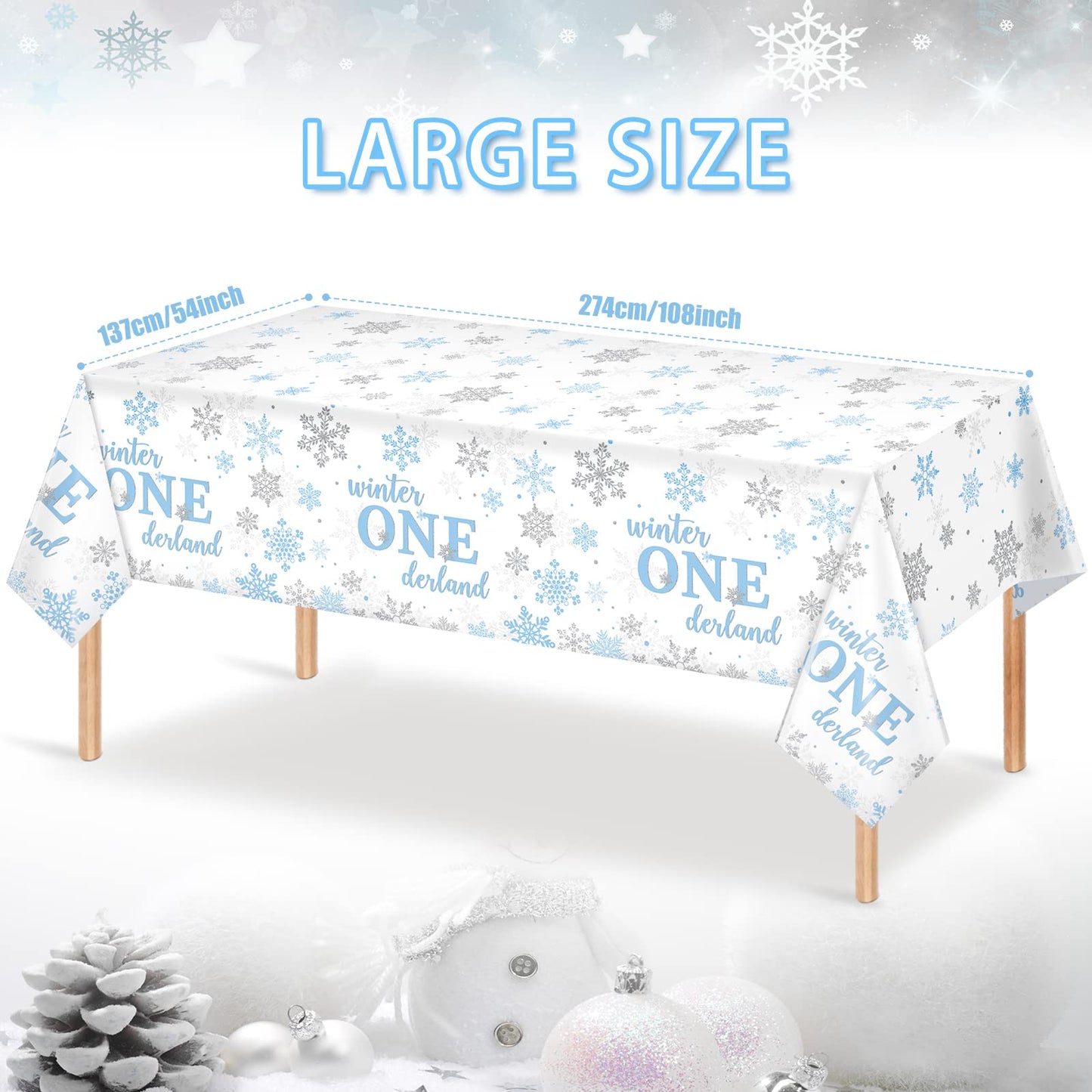 3Pcs Christmas Winter Onederland 1st Birthday Tablecloth Disposable Blue and Silver Snowflake Plastic Table Cloths for Winter On