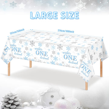3Pcs Christmas Winter Onederland 1st Birthday Tablecloth Disposable Blue and Silver Snowflake Plastic Table Cloths for Winter On