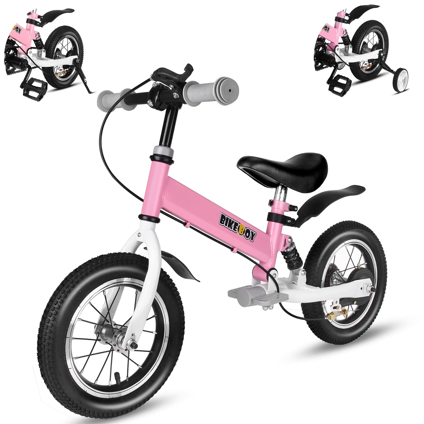 bikeboy Balance Bike 3 in 1,The Dual Use of a Kids Balance Bike and Kids Bike,12 14 Inches for 2-6 Years Old,with Shock Absorber