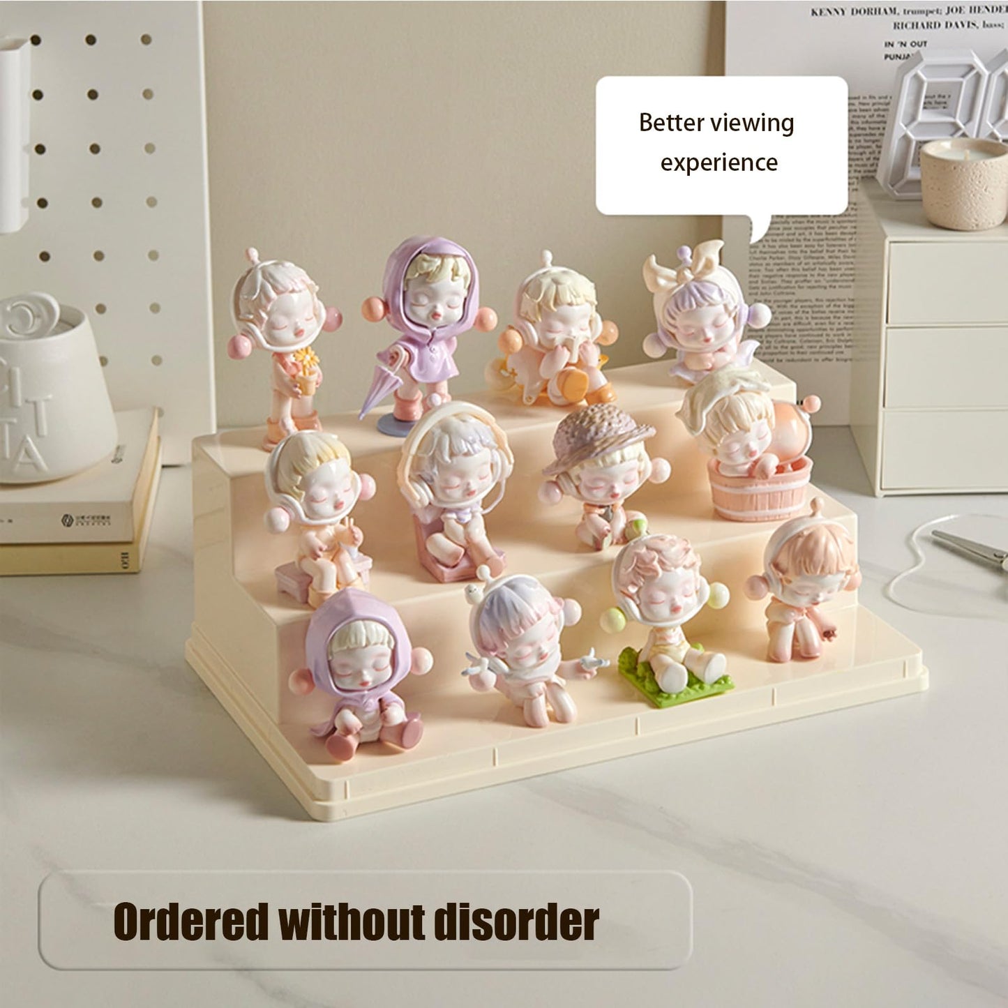 Display Case for Minifigures Action Figures Blocks, Display Box for PopMart Sonny Angel Figures with Three Layers of Stairs, Gif