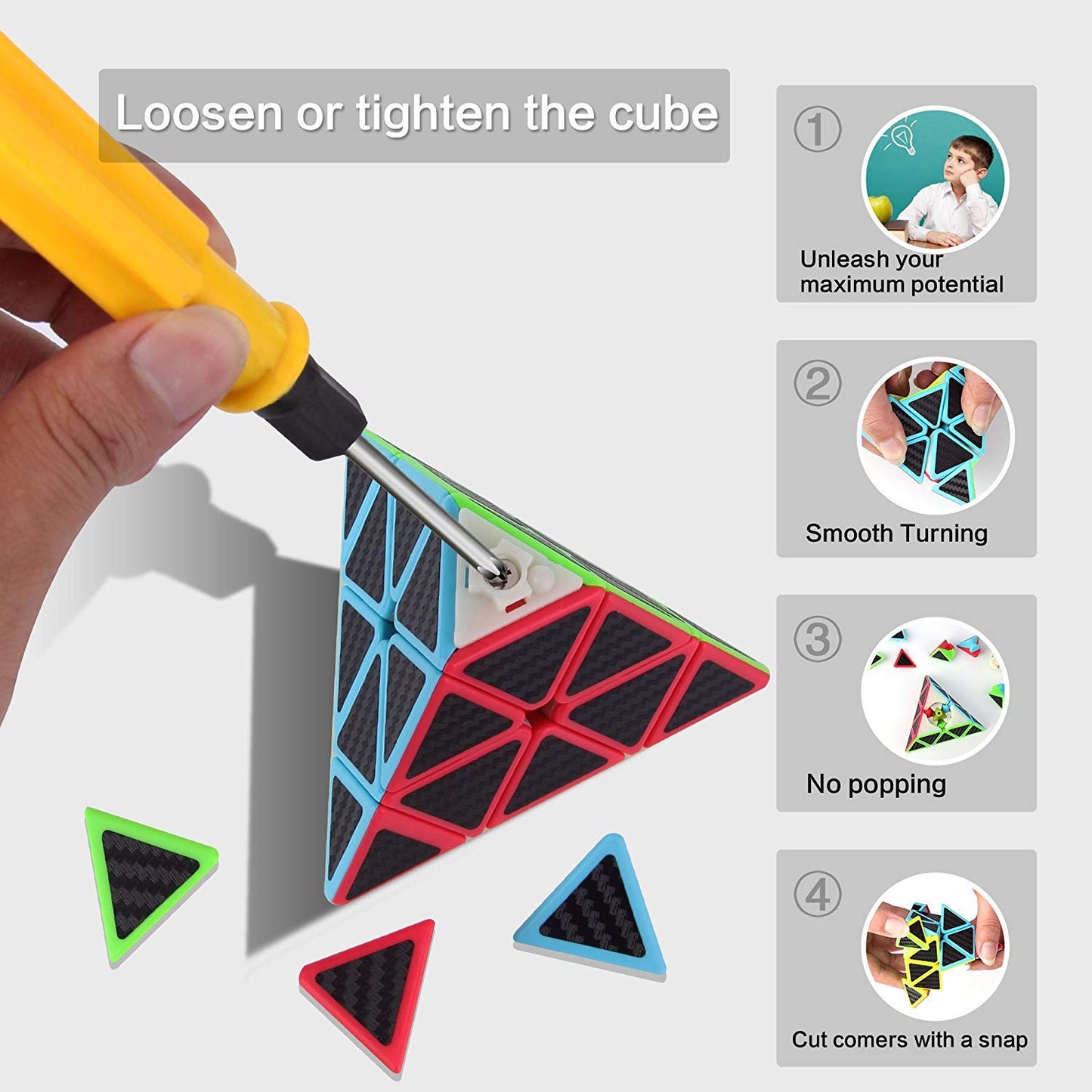 Roxenda Pyramid Speed Cube, 3X3X3 Qiming Pyramid Speed Cube Triangle Cube Puzzle Magic Cube (Carbon Fiber)