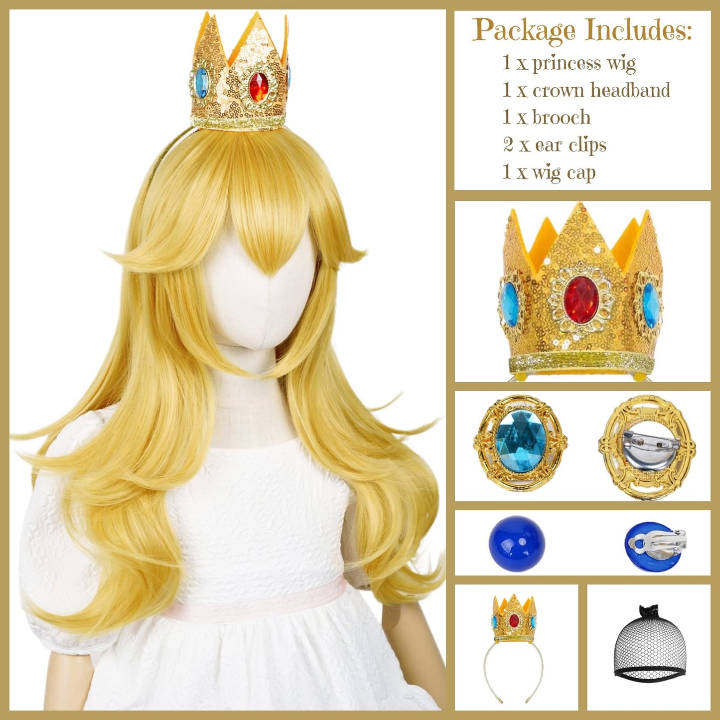 Princess Wig Blonde Wigs For Kids Girls, 22 Inch Long Golden Curly Kids' Cosplay Wave Wig With Crown Headband + Ear Clips + Broo