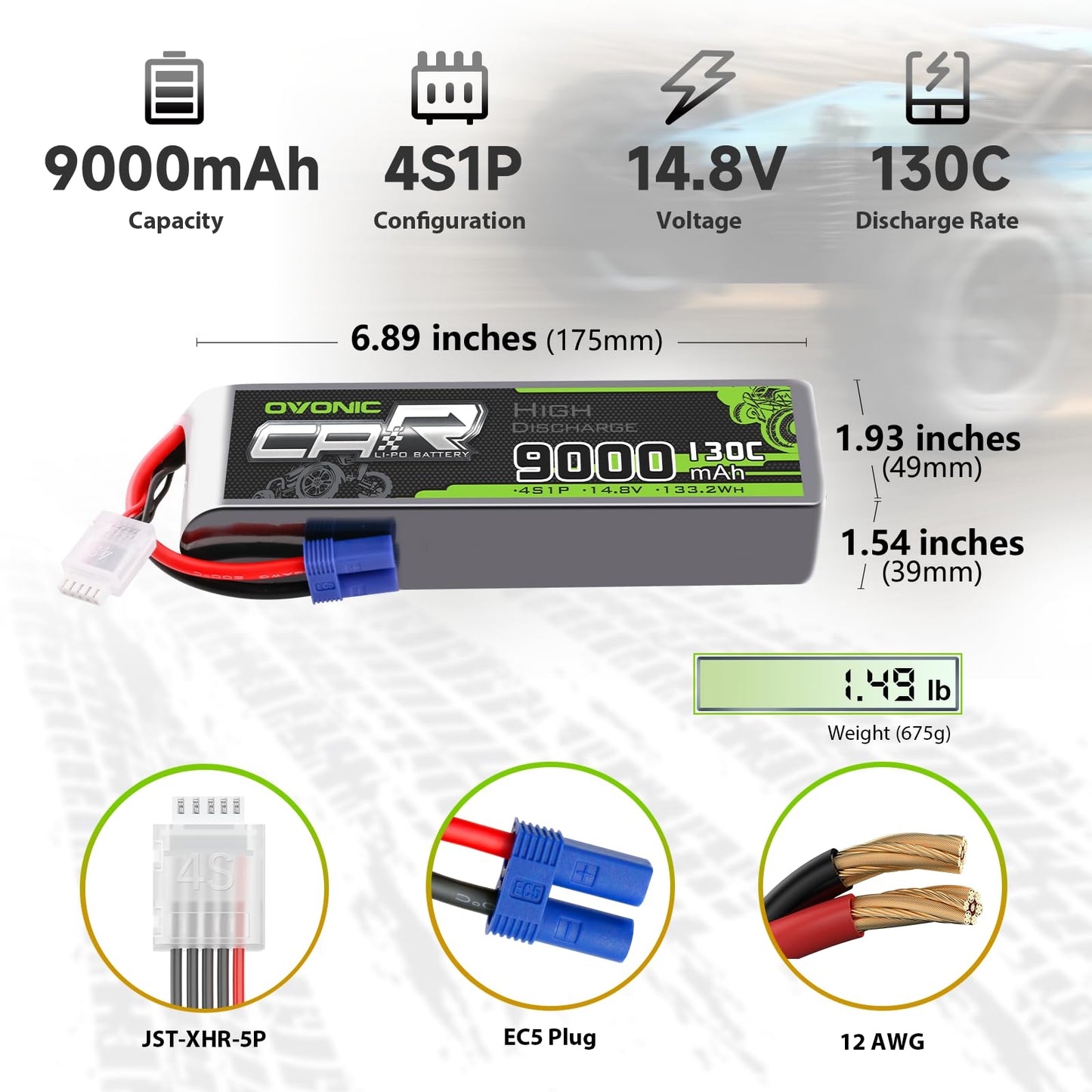 OVONIC 4S LiPo Battery 9000mAh 14.8V 130C RC Battery with EC5 Connector (2 Pack)