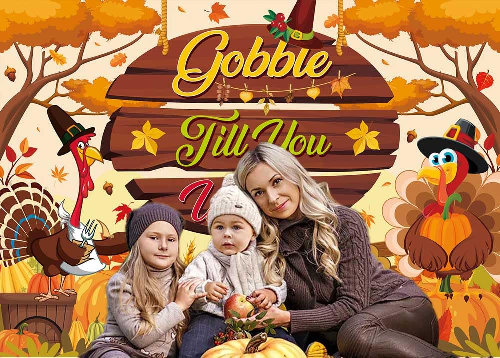 Gobble Till You Wobble Banner Backdrop 6x4FT Fall Maple Leaves Pumpkin Turkey Friendsgiving Photography Background Funny Rustic