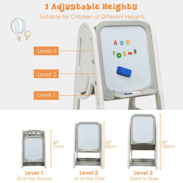 Costzon Kids Art Easel With Stool, 3 In 1 Double-Sided Children Magnetic Dry Erase Board & Book Rack With Foldable Desktop, Adjustable Toddler Table And Chair Set With Magnets (Gray)