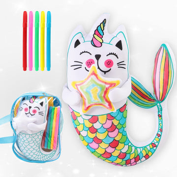 Drawmytoy Coloring Plush Toy With 5 Washable Markers For Little Girls Doodle Dolls For Kids Ages 4-6 Birthday (Fish Cat)