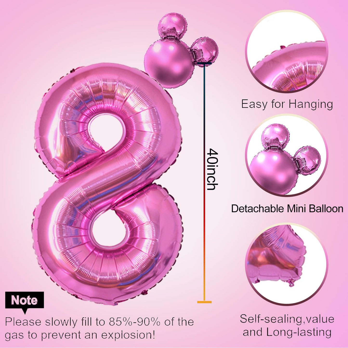 HIBILDER Hot Pink Number 8 Balloon & Mini Mouse Head Balloon, 40 inch Birthday Party Decoration Supplies