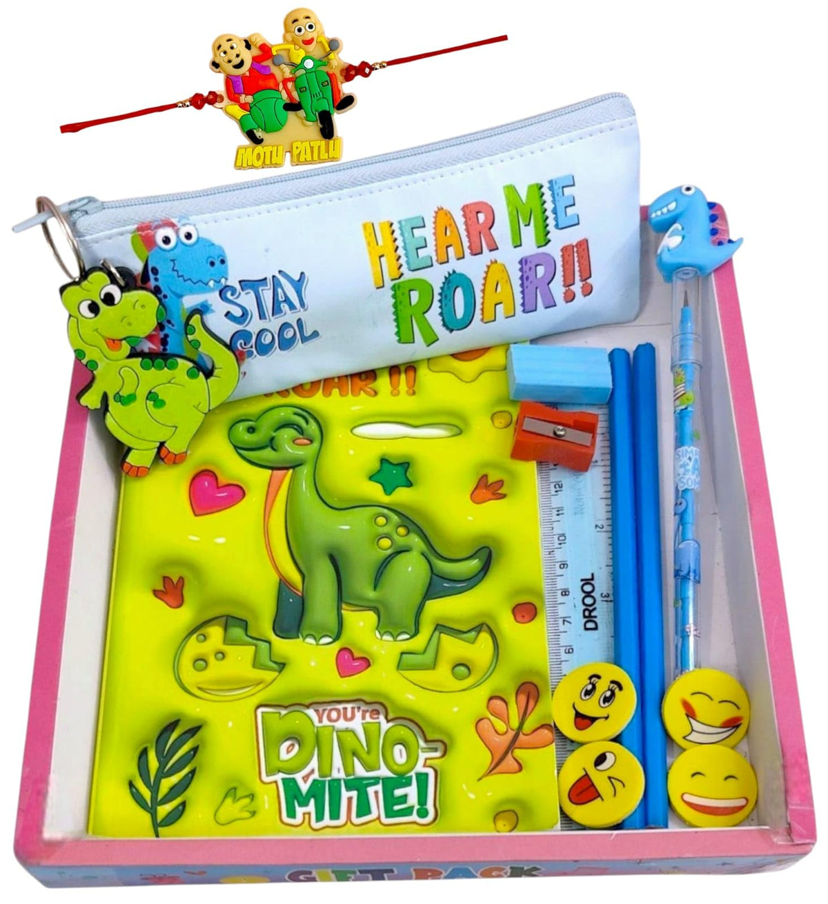 Amycaur Pack Of 6 Item In 1 Box, Dinosaur Theme Stationery Combo Set For Boys & Girls, Rakhi & Birthday Gift For Sister & Brothe