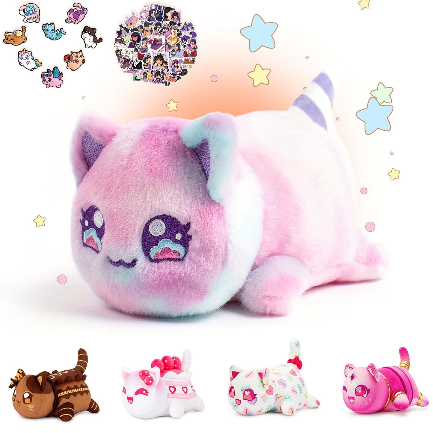 Kowsi 69-Pcs ?Rainbow Sugar Cat Plush + 60-Sticker + 8-Pcs Shoe Charms - Candy Cat Collection - 100% Embroidered Plushie - Cat S