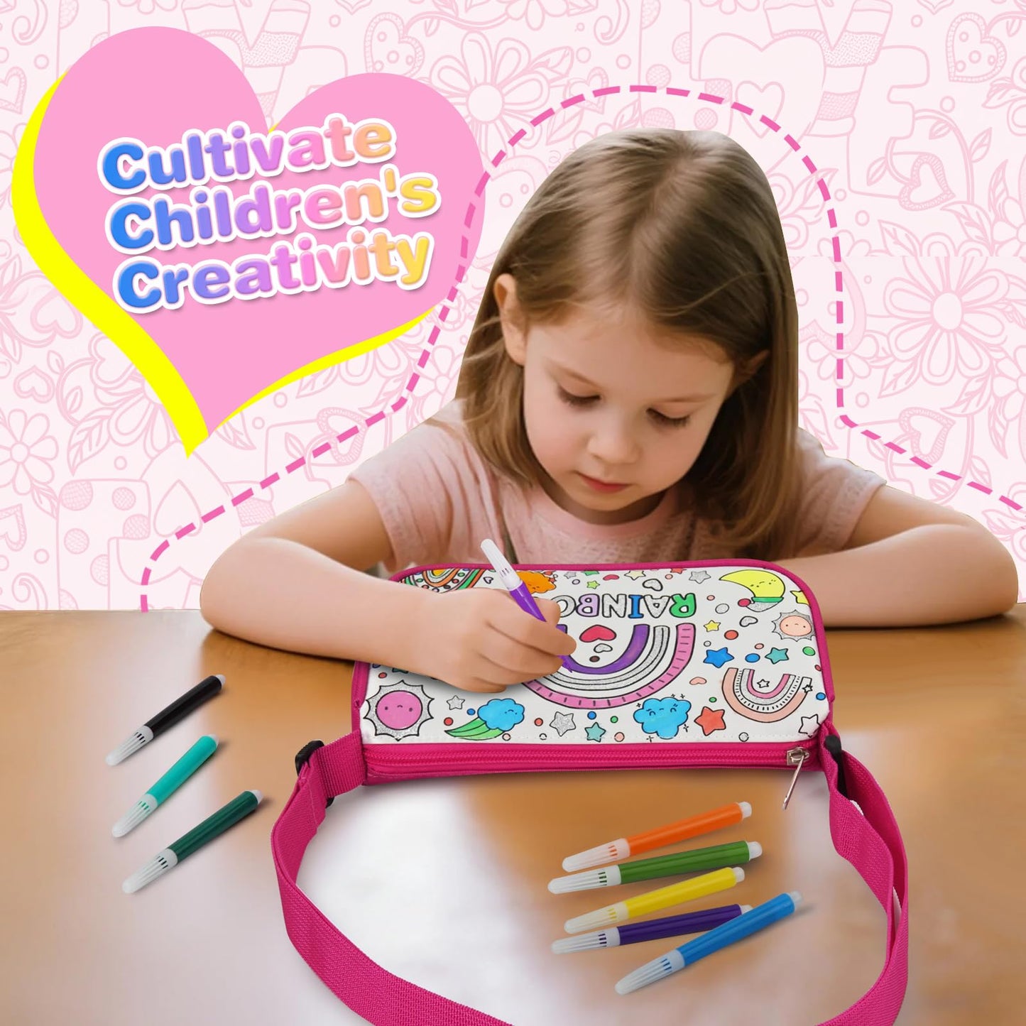 Ambesi Coloring Handbag, Color Your Own Bag, DIY Party Graffiti Bag with 12 Color Pens, Arts and Crafts Kit, Gift for Girls (Rai