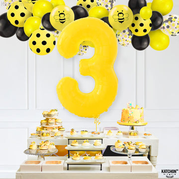 Katchon, Big, Yellow 3 Balloon Number - 40 Inch | Yellow Three Balloon For 3 Year Old Balloons Birthday | 3Rd Birthday Decorations For Boys | 3 Birthday Balloon, Honey Bee Birthday Party Decorations