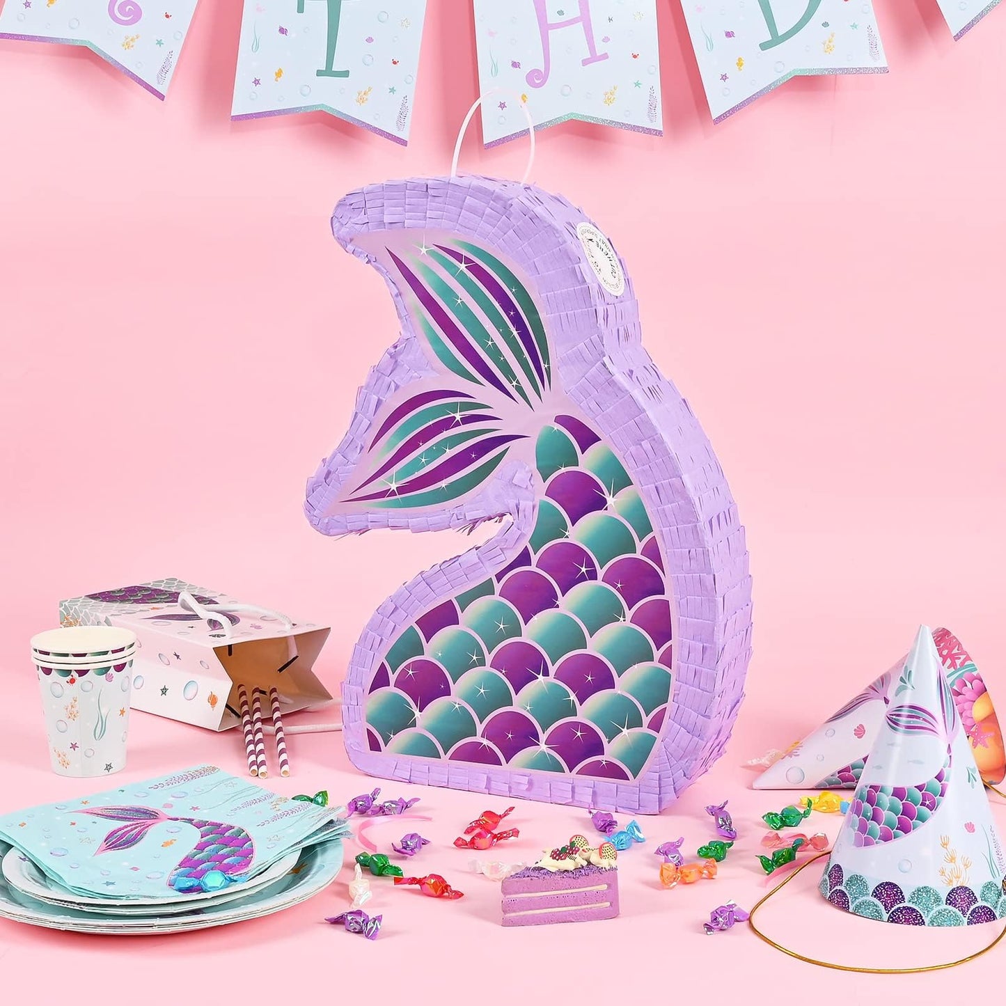 WERNNSAI Mermaid Piata - Mermaid Party Supplies Piata Bundle with Blindfold and Bat for Girls Kids Ocean Theme Birthday Party Ga