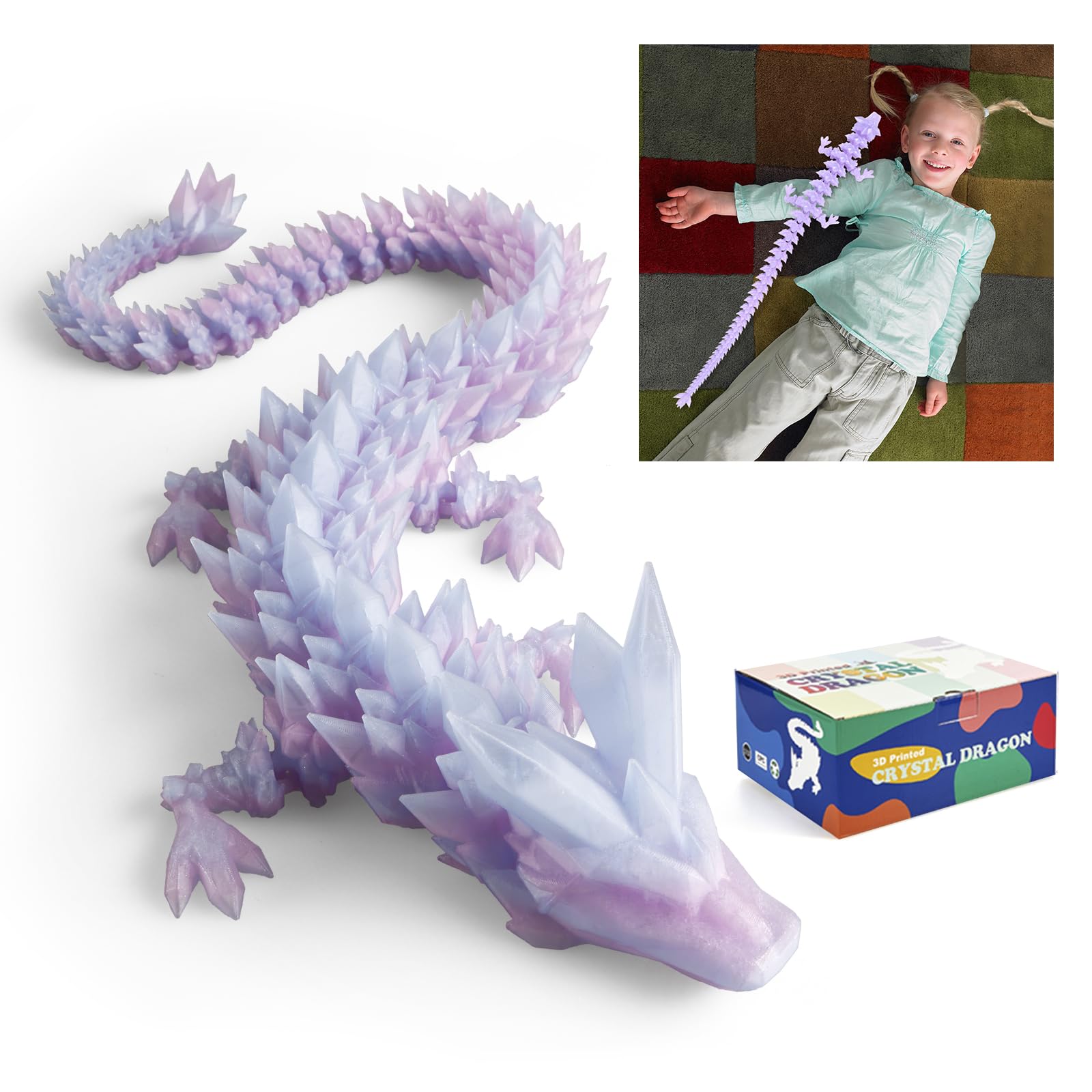 Rwsefk 30 In 3D Printed Dragon, 30Inch Dragon,3D Dragon Toy,Large Dragon Present,Ariculated Crystal Dragon (Dream Crystal, L)