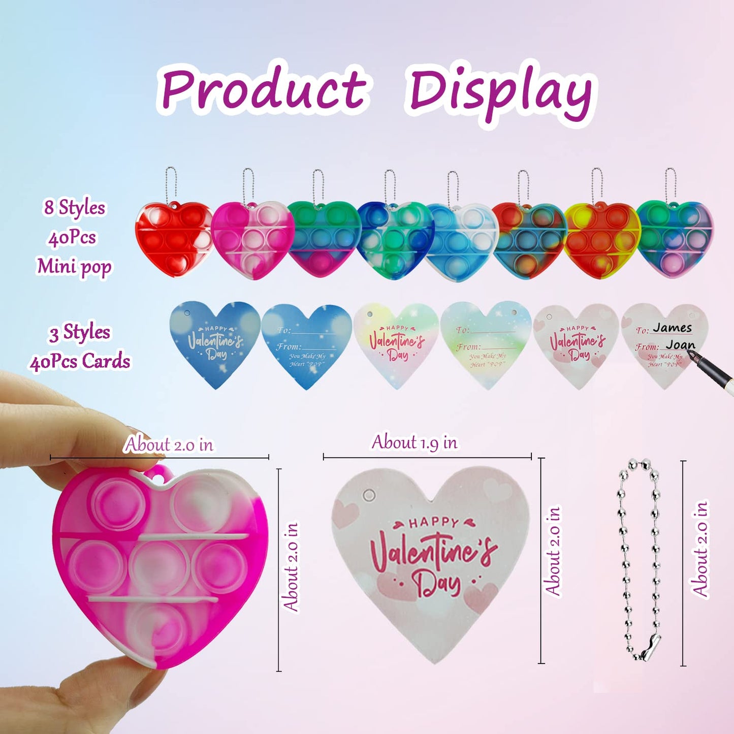 Proundlion Valentines Day Gifts For Kids,40 Pcs Mini Pop Keychains Fidget Toys With 40 Pcs Valentines Gift Cards ,Party Favors,