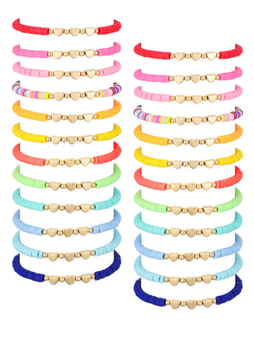Sureio 24 Pcs Colorful Friendship Bracelets Letter Heart Smile Bracelets Surfer Bracelets Stretch Beaded Kids Bracelet for Girls