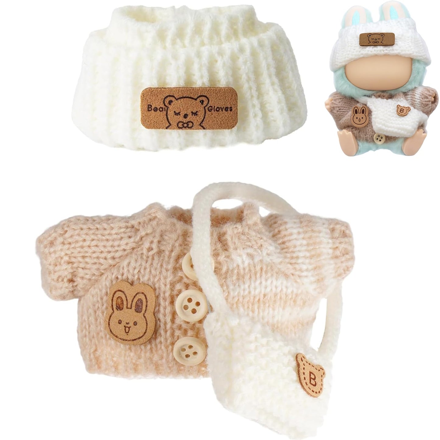 Clothes for 17cm Dolls (NO Doll)  Handcrafted Crochet Outfits for 17cm Doll with Accessories Boy and Girl 4-Piece Clothes Set  Cute Stylish Clothing with hat and Bag for Dolls Dress up (Khaki)