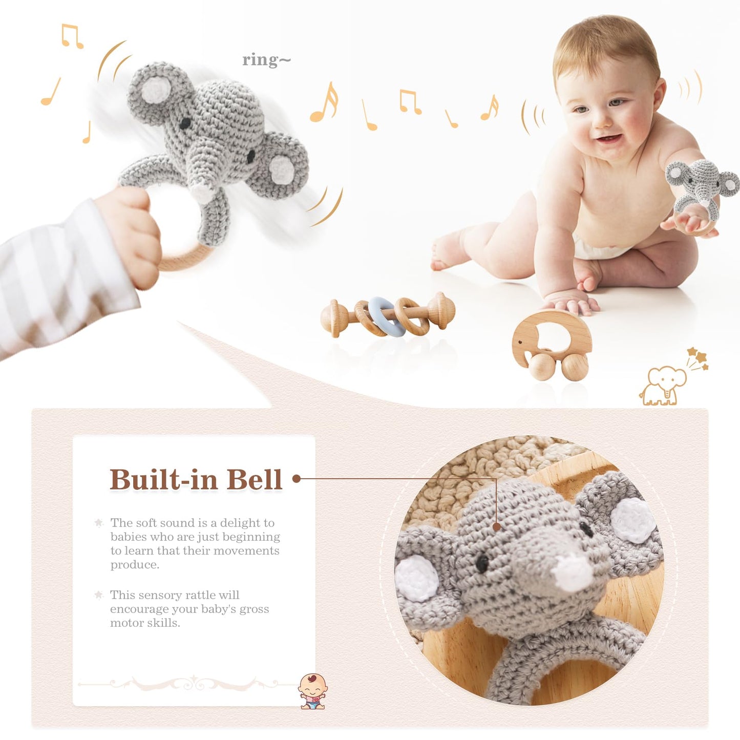 Wooden Baby Rattle 3 Pcs Push Car Rattle Set Crochet Rattle Ring Wooden Montessori Toy For Newborn Infant Baby Gifts (Elephant R