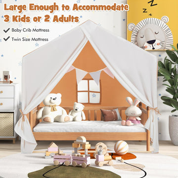 Costzon Large Kids Tent With Mat, Children'S Play Tent W/Flag Banner, Windows, Gauze Curtain, Solid Wood Frame, Indoor Outdoor Kids Playhouse For Boys & Girls Age 3 + (Orange)