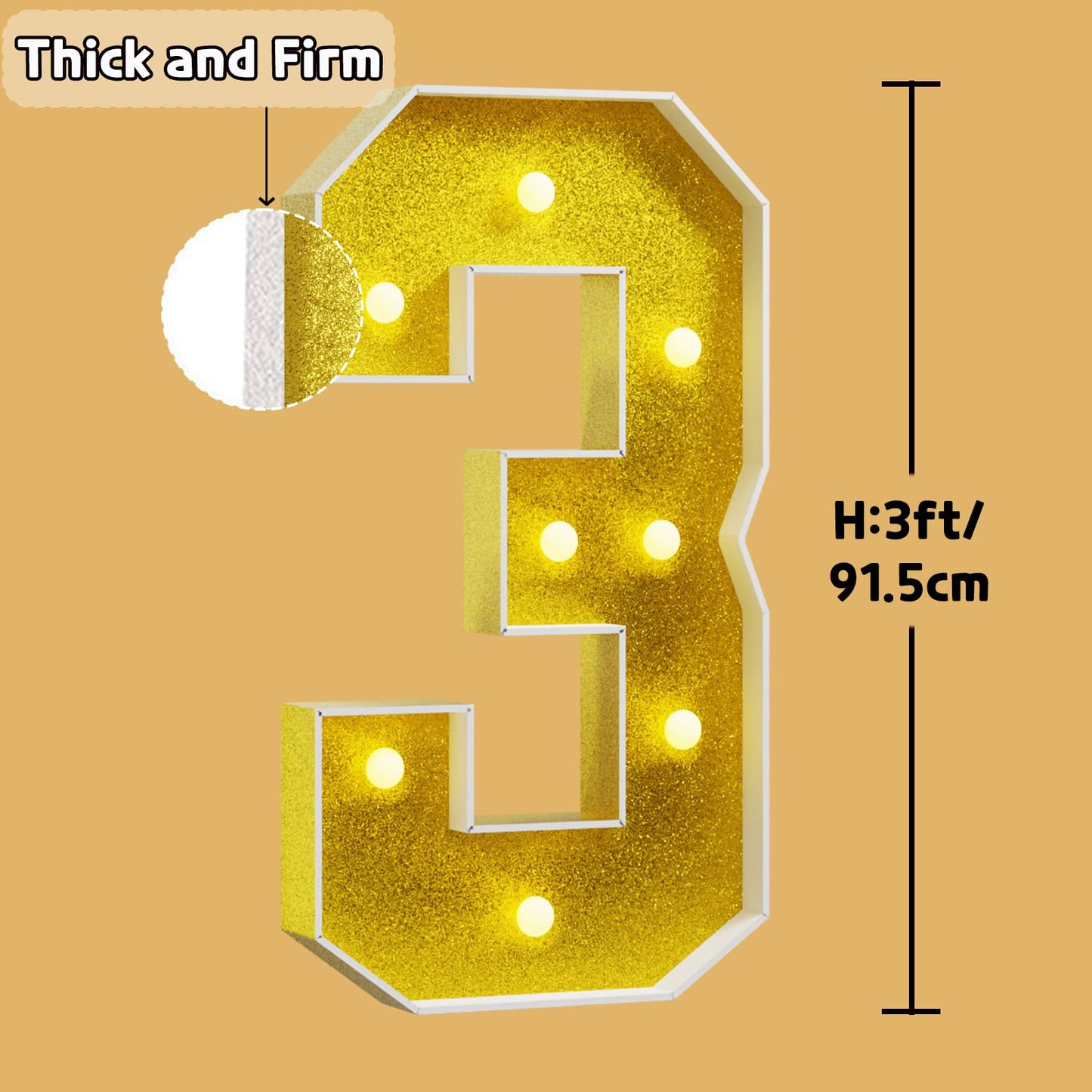 Imprsv Marquee Numbers Gold 3Ft: Golden Party Decor - Light Up Number 3 Large 3 Feet Tall - Birthday Decorations For Him Her 3Rd