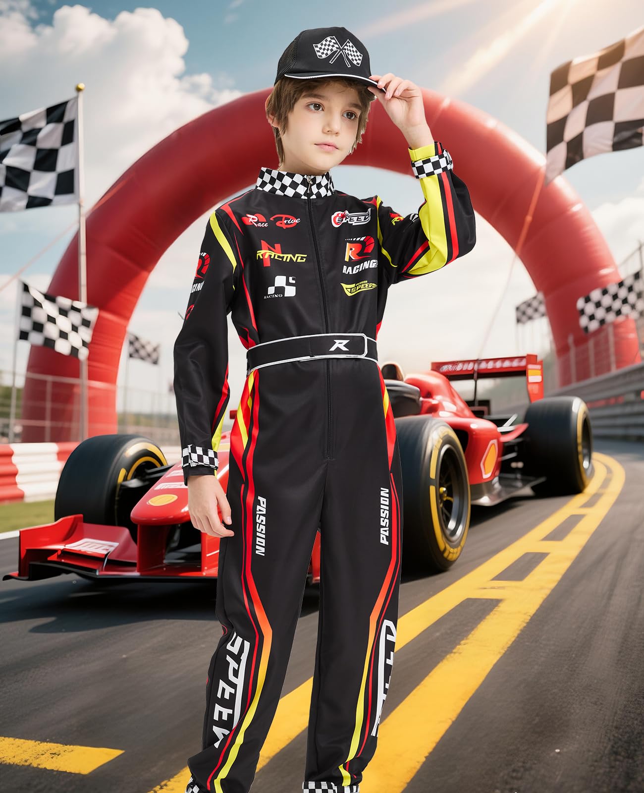 aicoaub Kids Race Car Driver Costume Boys Toddler Racer Jumpsuit With Car Cap Disfraz de Carro para Nio Halloween Dress Up