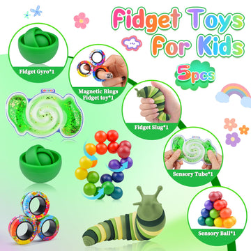 Cevioce 5Pcs Fidget Toys Adults Pack,Stocking Stuffers For Teens Boys Girls,Autism Sensory Toys With Fidget Spinner Slug Magnetic Rings,Squishy Fidget Toys Adhd Stress Relief,Party Favor For Kid-O