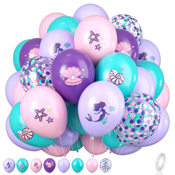 Mermaid Party Balloons, Mermaid Purple Pink Teal Balloon With Conch Shell Starfish Print Balloons Mermaid Confetti Balloon For U