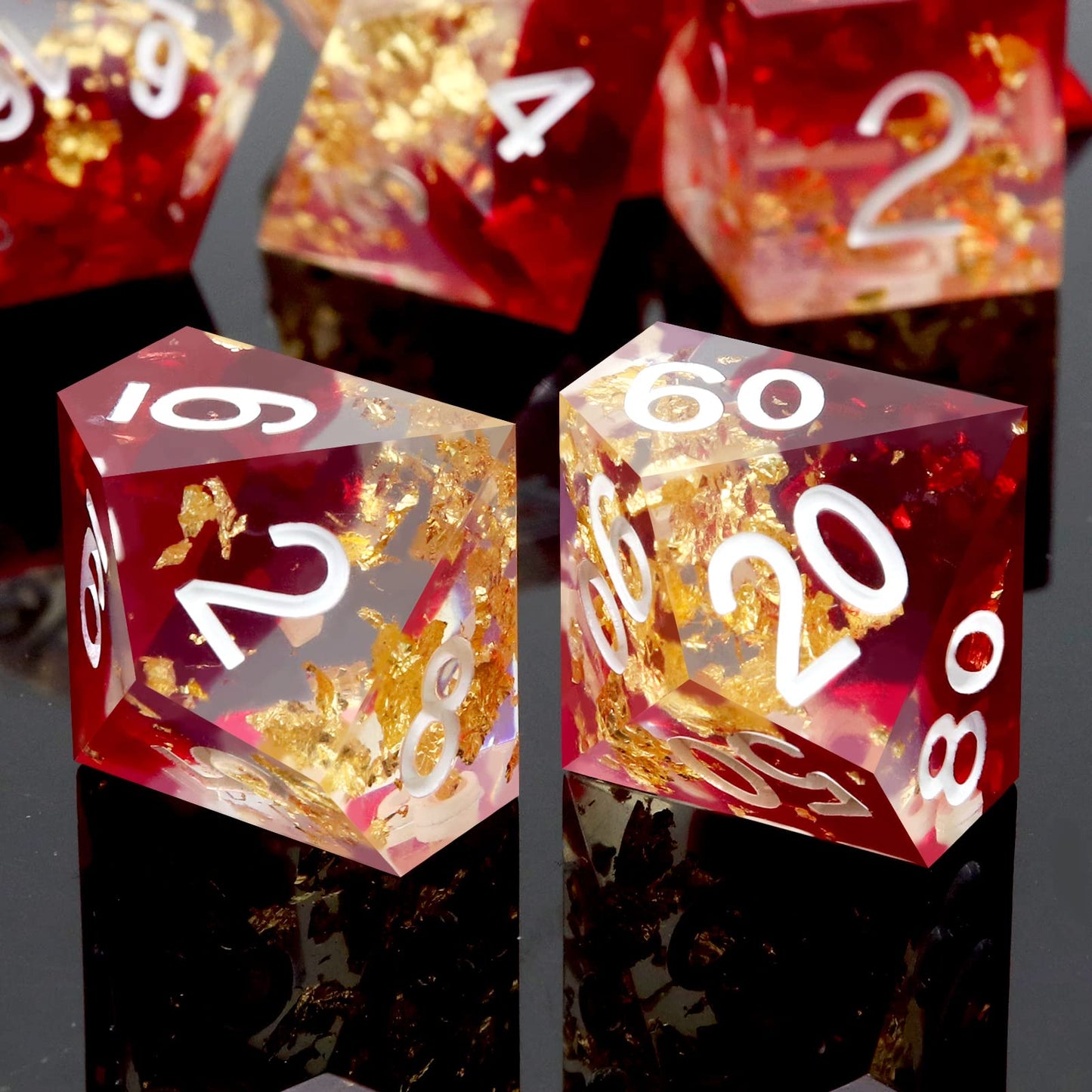 PJOY DND Sharp Edged Dice Set, 7pcs Red Clear Resin DND Dice Set D&D Polyhedral Dice with Dice Case for Role Playing Dice Games