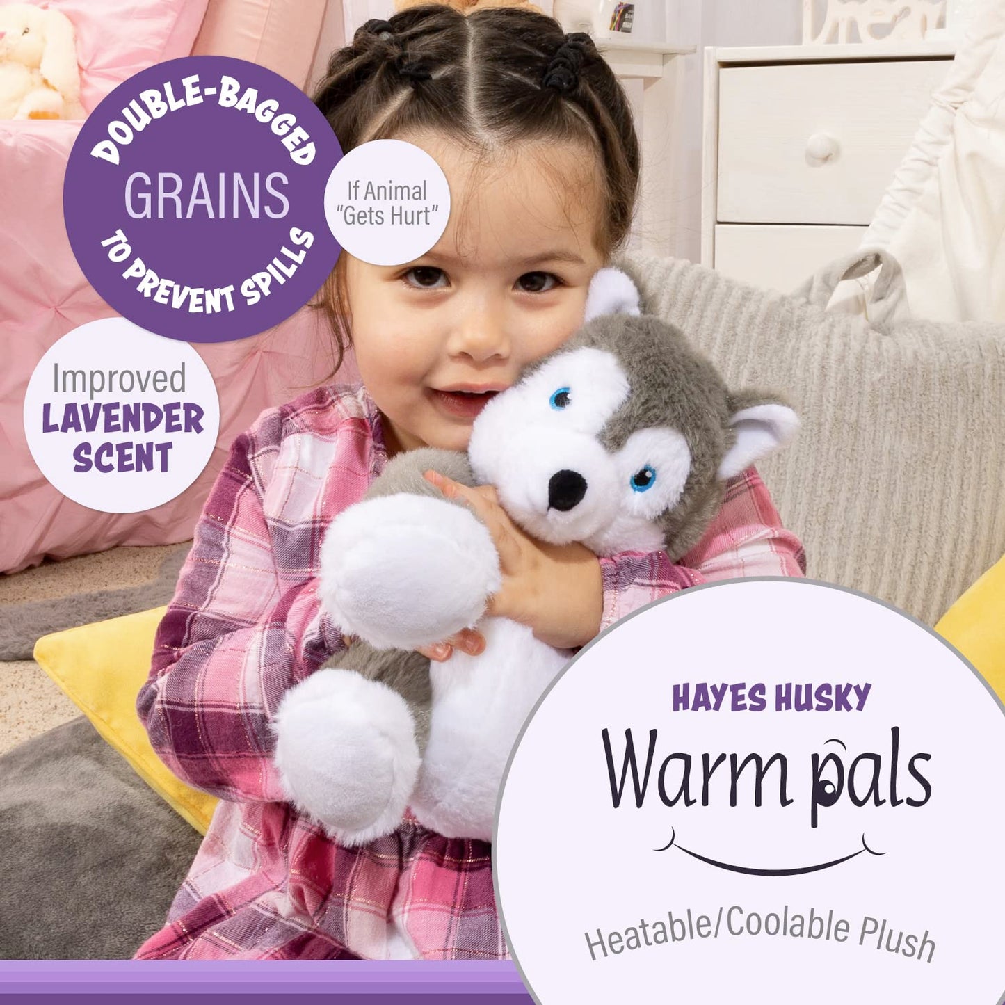 Warm Pals - Hayes Husky - 1.5Lbs - Cozy Microwavable Lavender Scented Plush Toys - Heated Stuffed Animal - Heatable Coolable Bedtime Comfort Plushie