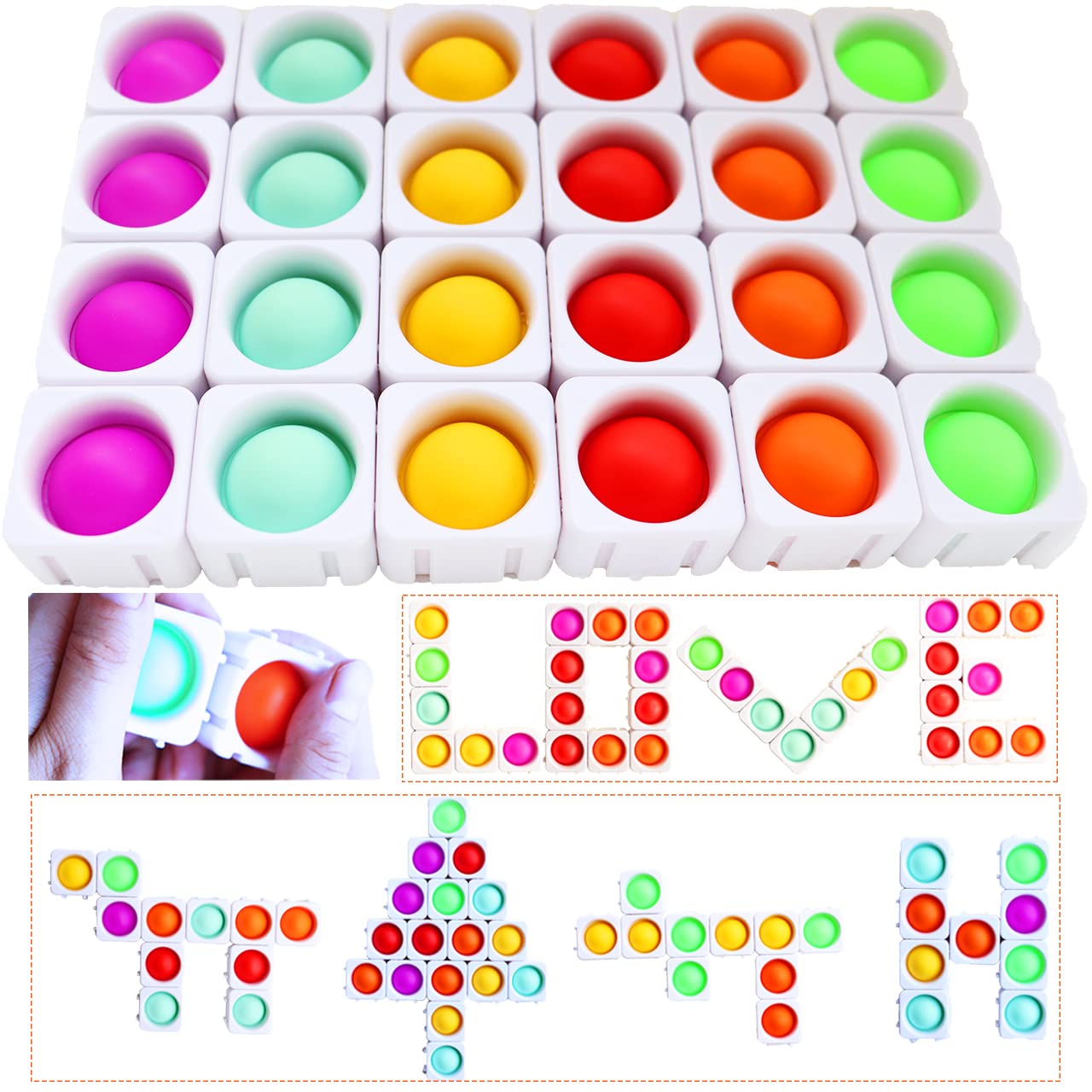 24 Pcs Fidget Blocks, Push Silicone Popper Fidget Sensory Toy, Infinity Diy Pop Building Blocks, Great Tool For Classroom (White