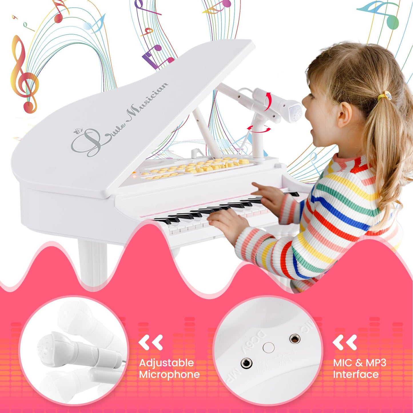 HONEY JOY Classical Kids Piano, 37-Key Toy Mini Grand Piano with Music Stand & Stool, Portable Electronic Educational Musical In