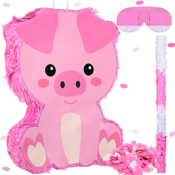 Piñata Bundle With A Blindfold And Bat (16 X 12 X 3 Inches), Cute Animal Piñata For Girls Boys Kids Birthday Party Toys Decoration For Animal Theme Birthday Party Game Supplies Photo Prop(Piggy)