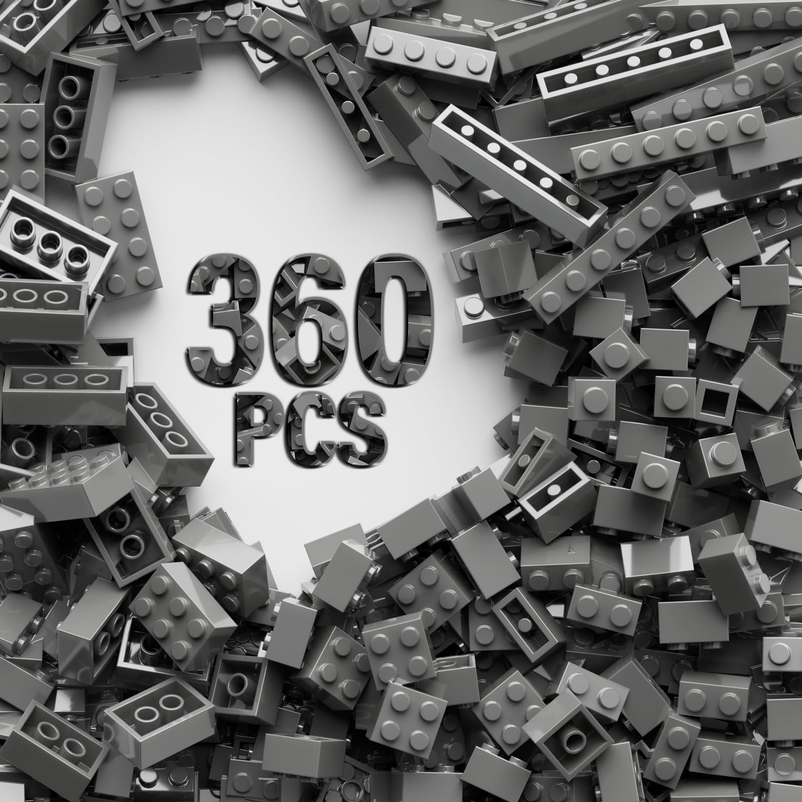 360 Piece Dark Gray Classic Building Blocks Bulk, 7 Sizes Building Bricks Assortment Pack, Compatible with Lego Parts and Pieces