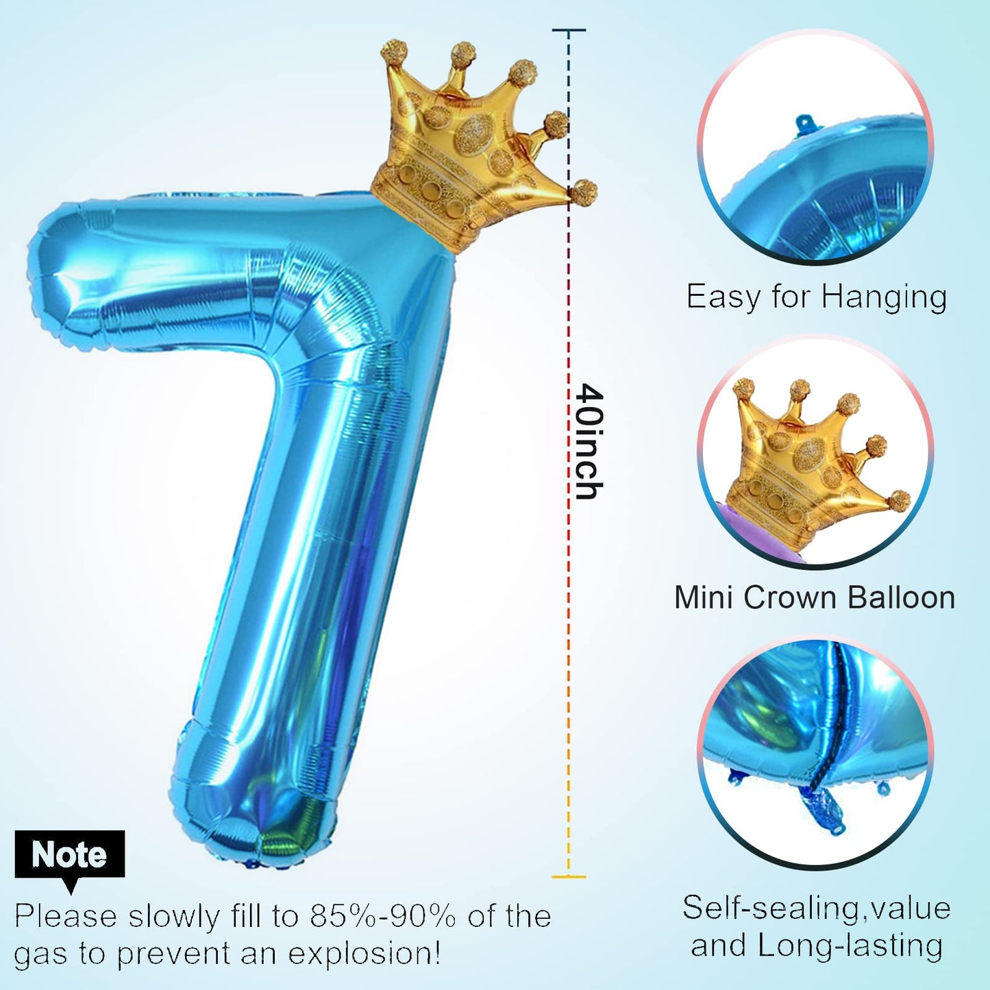 40 Inch Light Blue Number 7 And Mini Crown Balloon For 7Th Birthday Party Decorations, Light Blue Birthday Party Balloons Decora