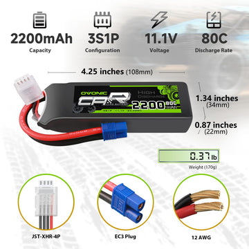 OVONIC 11.1V Lipo Battery 3S 80C 2200mAh Lipo with EC3 Connector for RC Car Trucks 1/8 1/10 RC Vehicles(2 Packs)