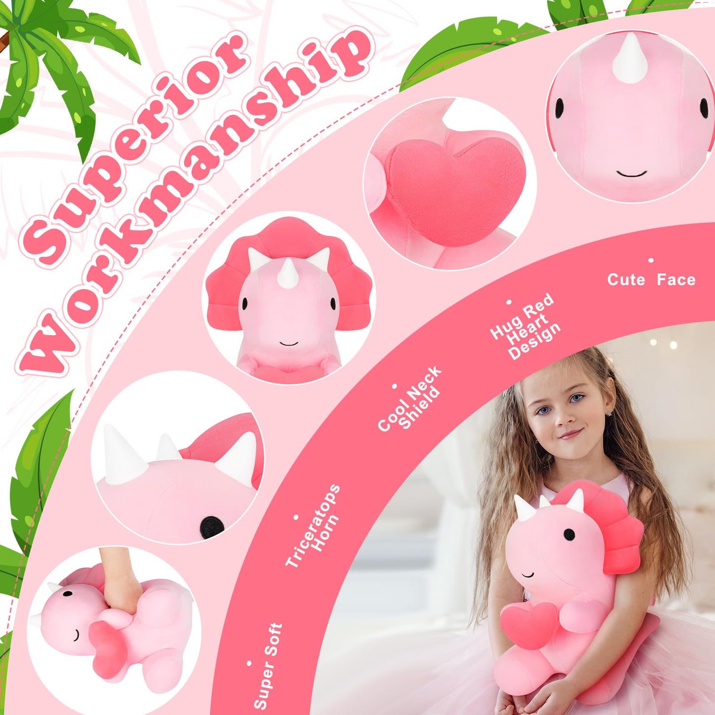 Pink Loving Dinosaur Stuffed Animal, 11.8'' Kawaii Soft Dino Plush Hug Heart , Dinosaur Plushie Birthday Gift For Her Girls Boys