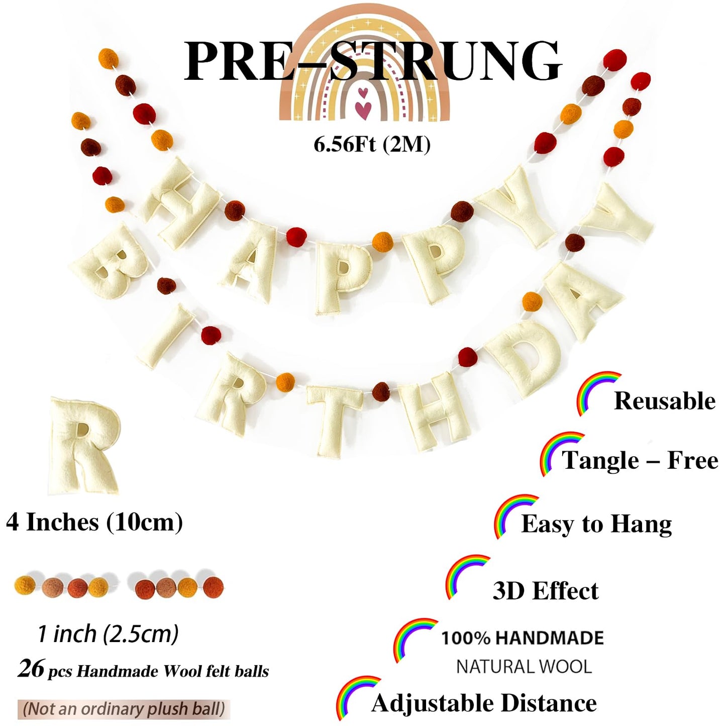 Boho Felt Happy Birthday Banner, Bohemian Birthday Party Decorations,Natural Handmade Wool Letters, Balls, Boho Happy Birthday G