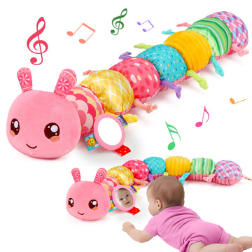 Baby Girls Toys 0-6 Month Music Animal Stuffed Caterpillar Toy For Infant 0-3 3-6 Months With Mirror Crinkle Rattle Tummy Time Sensory Toys For 3 4 5 6-12 Month Old Newborn Baby Easter Birthday Gifts