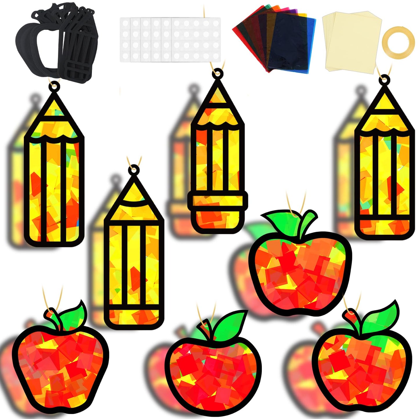 32 Sets Back to School Apple Pencil Suncatchers Craft Kit DIY Window Stained Glass Effect First Day of School Paper Craft Home C