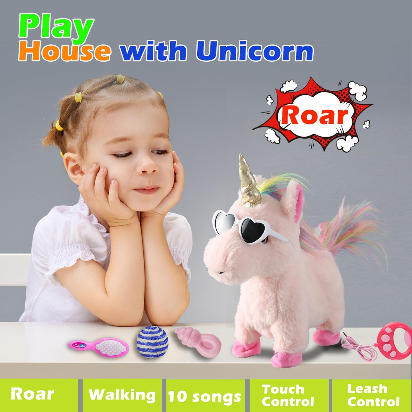 Pink Walking Unicorn Toy Set Singing Dancing Electronic Plush Unicorn With Control Leash, Realistic Footsteps Nodding Tail Wagging Pretend Dress Up Cute Wings Animated Stuffed Unicorn Gift For Girl