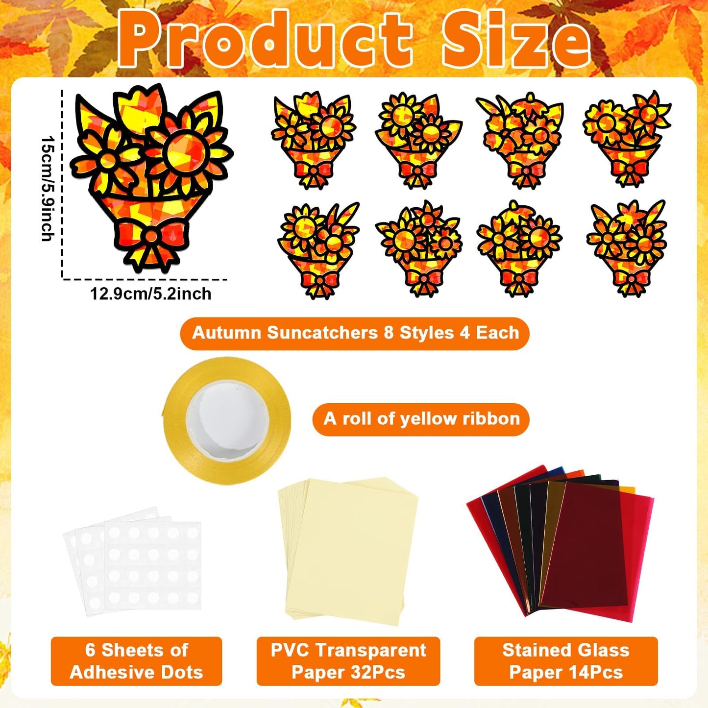 QOUBAI 32 Sets Fall Bouquet Suncatchers Craft Kit DIY Window Stained Glass Effect Autumn Bouquet Paper Crafts Home School Classr