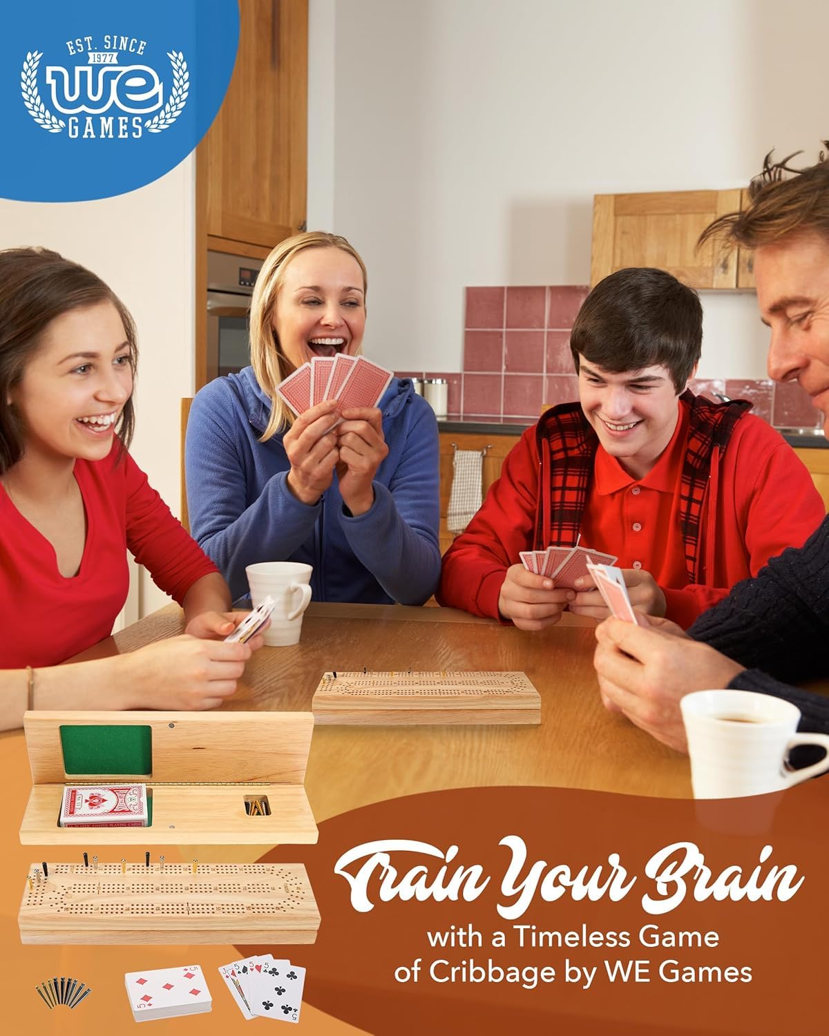 WE Games Custom Engraved Wooden Cribbage Game Set Natural Stain, Continuous 3 Track for 2-3 Players, Travel Cribbage Board with