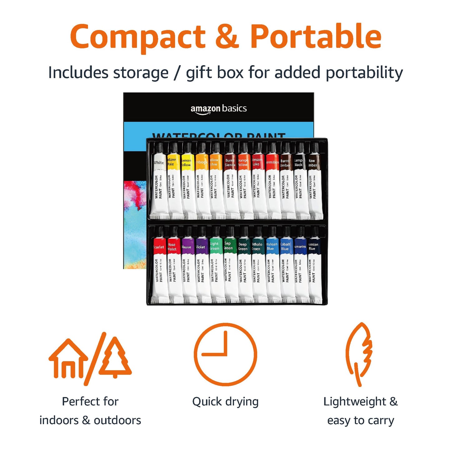 Amazon Basics Watercolor Paint Set - 24 Assorted Colors - 9.6 oz Tubes - Model WP002 - Ideal for Artists and Crafters