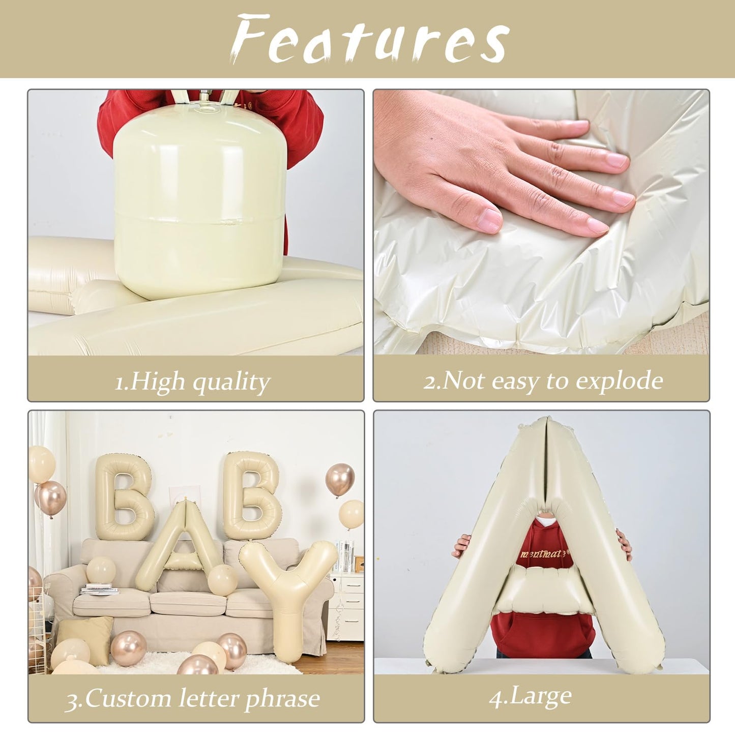 Biapian 40 Inch Letter A Balloons, Giant Cream A Foil Balloon, Big Single Alphabet A-Z Balloons, Beige Large Aluminum A Balloons